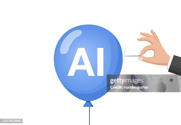 a hand about to pop a blue balloon with an ai logo on it. - customer expectations stock illustrations