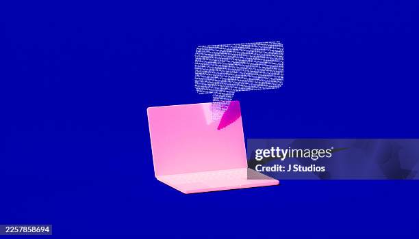 pink laptop with binary code speech bubble representing ai chatbot interface - code blue stock pictures, royalty-free photos & images