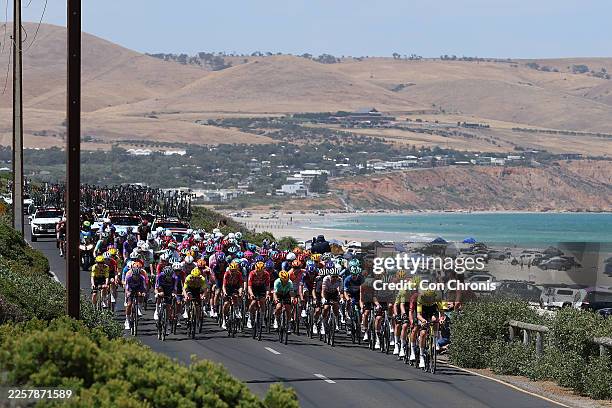 General view of the peloton passing through a landscape during the 26th Santos Tour Down Under 2026, Stage 4 a 130.8km stage from Brighton to...