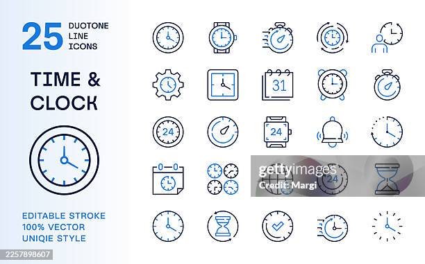 time and clock management duotone line icons set - work zone stock illustrations