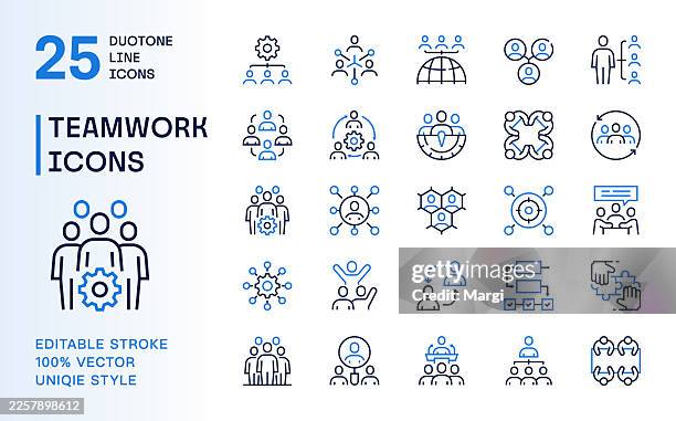 teamwork and business collaboration duotone line icons set - group brainstorming stock illustrations