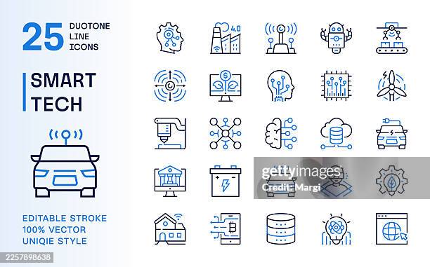 smart tech and future technology duotone line icons set - smart city stock illustrations