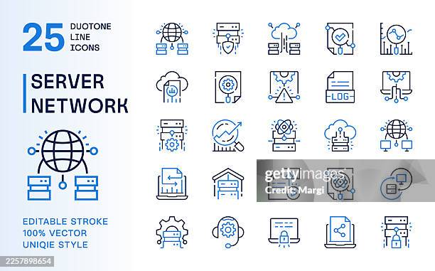 server network and data center duotone line icons set - data science stock illustrations