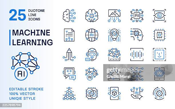 machine learning and artificial intelligence duotone line icons set - artificial intelligence neural network stock illustrations