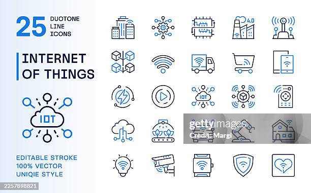internet of things iot and smart technology duotone line icons set - wearable ai stock illustrations