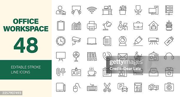 office workspace icon set. editable line icons. vector illustration. - stationery desk stock illustrations
