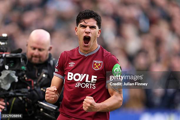 Mateus Fernandes of West Ham United celebrates scoring his team's third goal during the Premier League match between West Ham United and Sunderland...