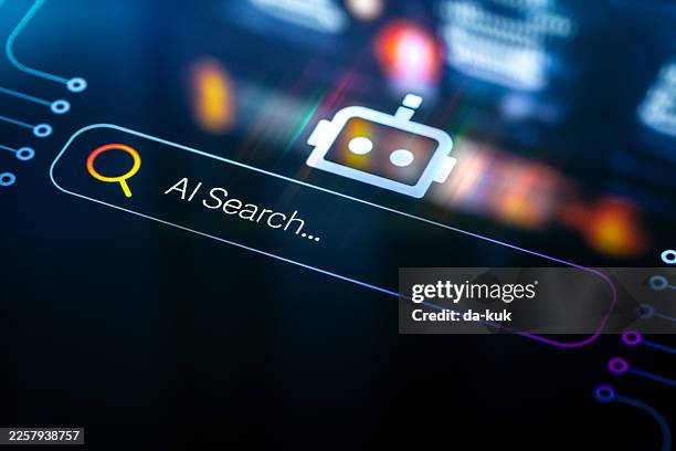 ricerca ai. interfaccia di ricerca per ricerca ai e chat ai su display digitale con l'icona del chatbot in alto. mostra tecnologie di ia multimodali - cercare foto e immagini stock
