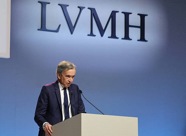 Of LVMH Bernard Arnault addresses a speech during the presentation of the French top luxury conglomerate LVMH group's 2025 financial results as part...