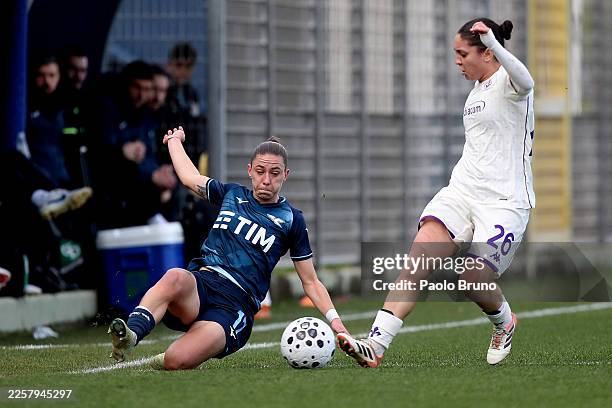 Margherita Monnecchi of SS Lazio women competes for the ball with Maya Cherubini of ACF Fiorentina women during the Serie A women match between SS...