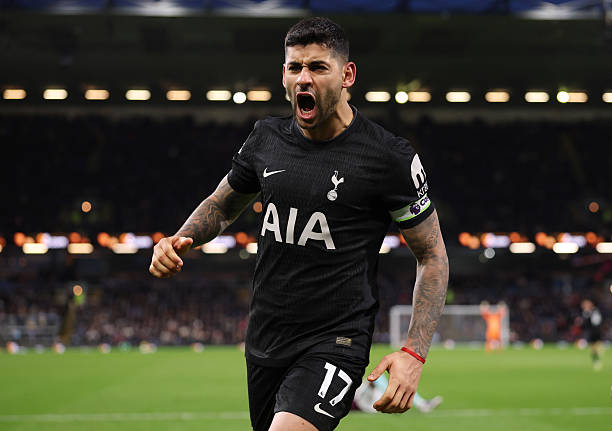 Cristian Romero of Tottenham Hotspur celebrates scoring his team's second goal during the Premier League match between Burnley and Tottenham Hotspur...