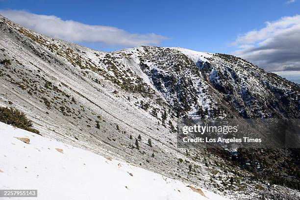 Devils Backbone trail approach to Mount Baldy summit on Saturday, Jan. 24, 2026 in Mount Baldy, CA.
