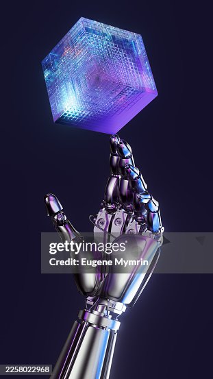Robotic hand balancing glowing data cube representing artificial intelligence Robotic hand balancing glowing data cube representing artificial intelligence