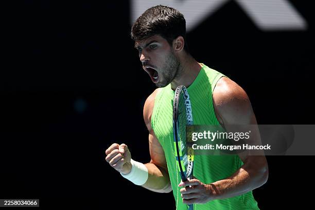 Carlos Alcaraz of Spain celebrates a point in the men's Singles Fourth Round against Tommy Paul of the United States during day eight of the 2026...