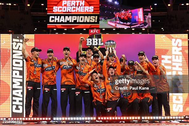 The Scorchers celebrate winning the BBL Final match between Perth Scorchers and Sydney Sixers at the Perth Stadium, on January 25 in Perth, Australia