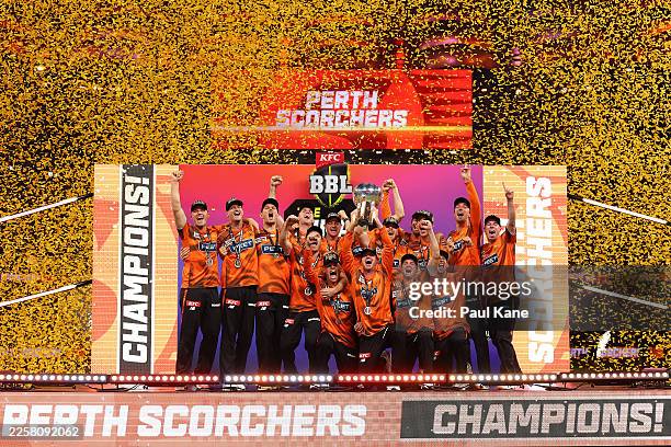 The Scorchers celebrate winning the BBL Final match between Perth Scorchers and Sydney Sixers at the Perth Stadium, on January 25 in Perth, Australia