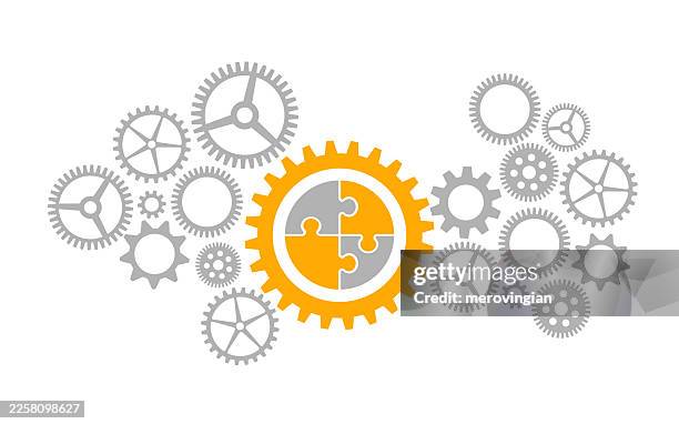 problem solving concept with puzzle pieces and gears - gearshift stock illustrations