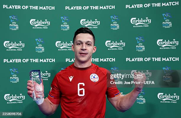 Nikita Khromykh of Armenia poses for a photo after receiving the Carlsberg Player of the Match award at the end of the UEFA Futsal EURO 2026 Group B...