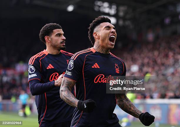 Igor Jesus of Nottingham Forest celebrates scoring his team's first goal during the Premier League match between Brentford and Nottingham Forest at...