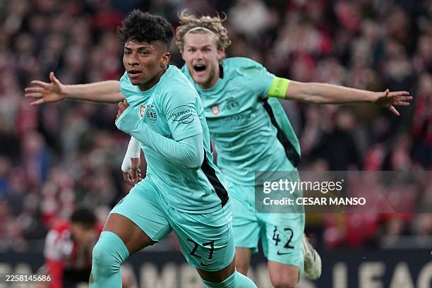 Sporting Lisbon's Brazilian forward Alisson Santos celebrates scoring his team's third goal during the UEFA Champions League league phase day 8...