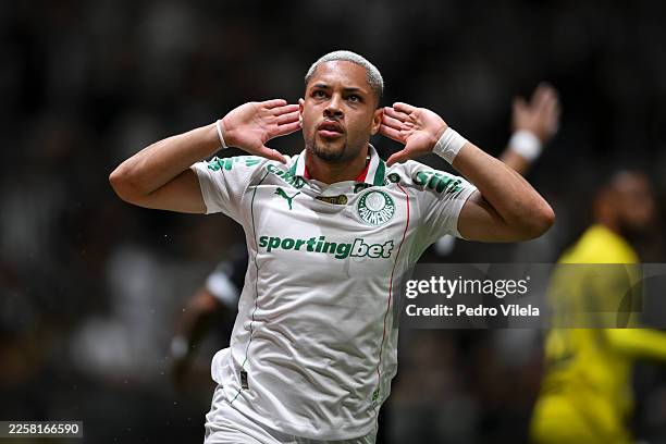 Vitor Roque of Palmeiras celebrates after scoring the second goal of their team during match between Atletico Mineiro and Palmeiras as part of...