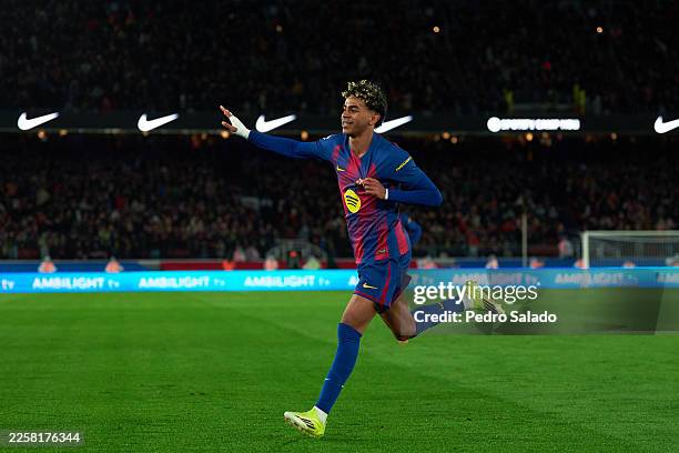 Lamine Yamal of FC Barcelona celebrates after scoring his team's third goal during the LaLiga EA Sports match between FC Barcelona and Real Oviedo at...