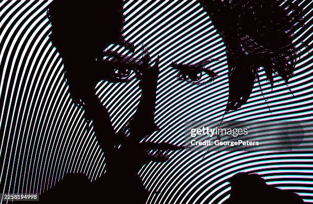female face with stressed out expression and glitch technique - eye problems stock illustrations