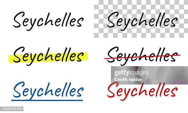seychelles - handwritten text, highlighted, crossed out, underlined on blank background - seychelles stock illustrations