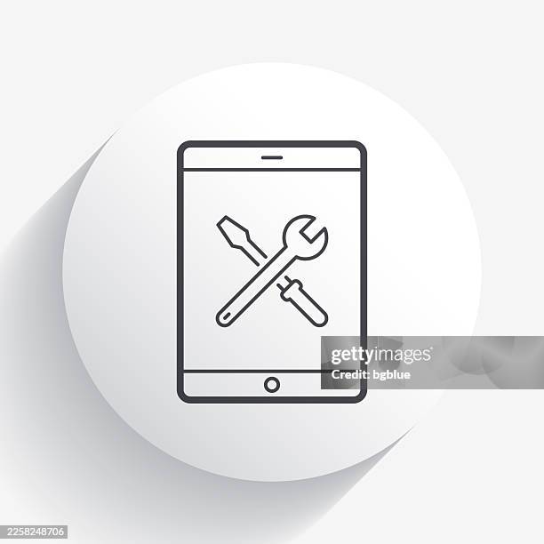 tablet pc settings - tools. icon on circle button with long shadow - using tablet home stock illustrations