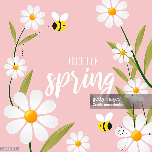 hello spring floral greeting card - bee pattern stock illustrations