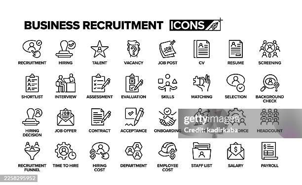 ilustraciones, imágenes clip art, dibujos animados e iconos de stock de set de iconos de línea de reclutamiento empresarial. grupo de objetos. contratación, trabajo, currículum, entrevista, evaluación, habilidades. - lista de candidatos preseleccionados