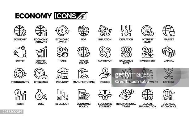 ilustrações de stock, clip art, desenhos animados e ícones de economy line icon set. group of object. growth, inflation, deflation, interest rate, investment, income, expenses, recession. - taxa de câmbio