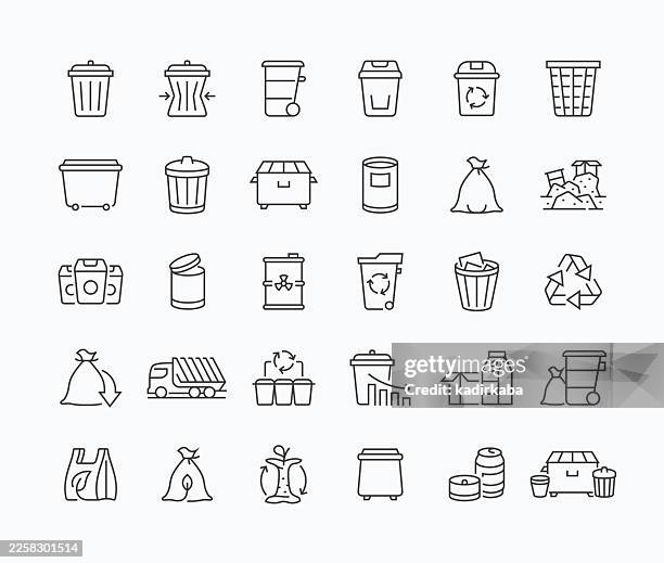 thin waste bin line icon set · 30 icons - compostable stock illustrations