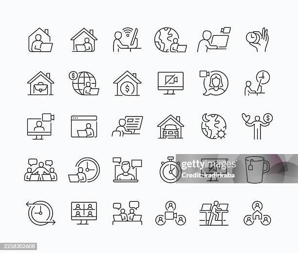thin working from home line icon set · 30 icons - virtual office stock illustrations