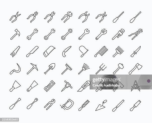 thin working tools line icon set · 30 icons - screwdriver isolated stock illustrations