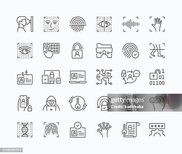 thin biometrics line icon set · 30 icons - biometric access control stock illustrations