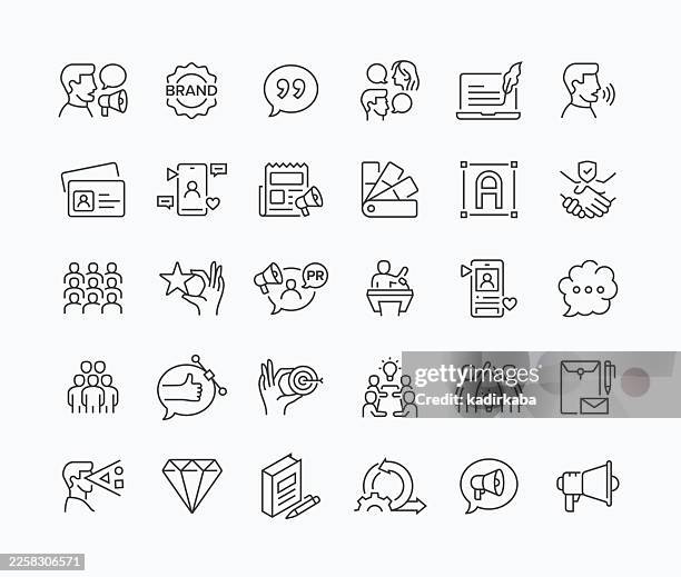 thin brand communication line icon set · 30 icons - press release stock illustrations