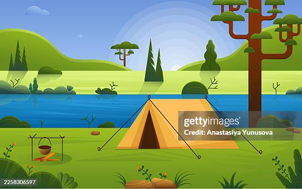 camping site in forest. landscape with river - forest fire stock illustrations