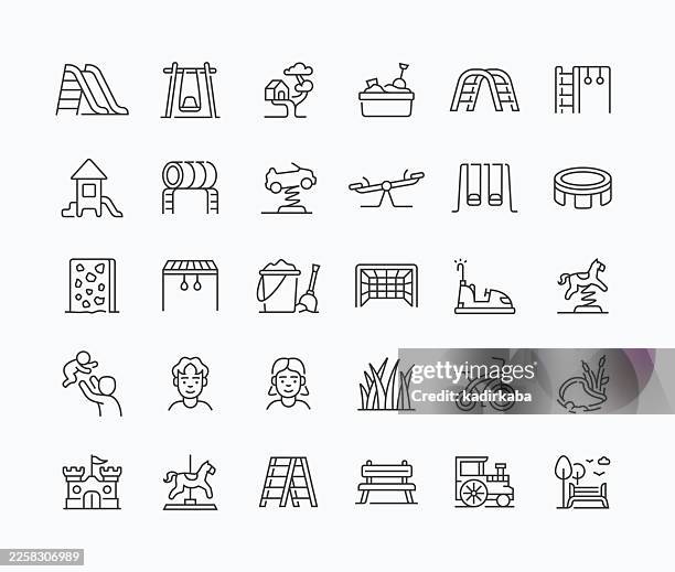 thin playground line icon set · 30 icons - kids play house stock illustrations