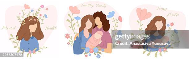 fighting postpartum depression set of vector illustrations - confident mom stock illustrations