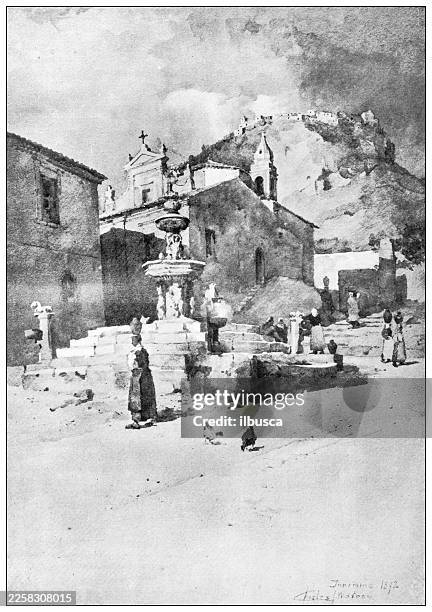 art by charles john watson, largo del duomo, taormina - taormina italy stock illustrations
