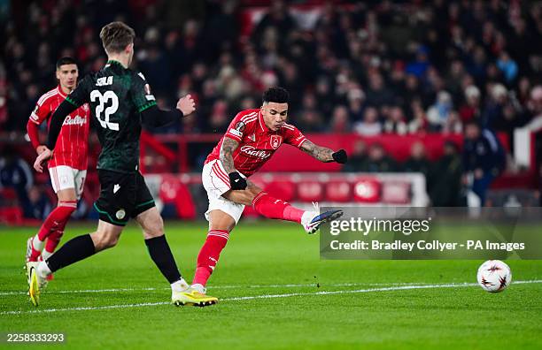 Nottingham Forest's Igor Jesus scoring the third goal during the UEFA Europa League match at the City Ground, Nottingham. Picture date: Thursday...