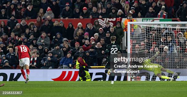 Nottingham Forest's Igor Jesus scoring his side's third goal during the UEFA Europa League 2025/26 League Phase MD8 match between Nottingham Forest...