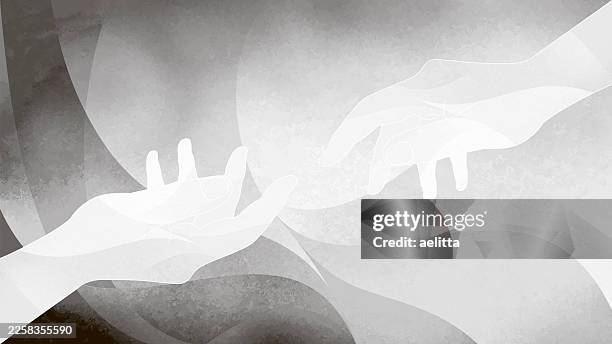 illustrazioni stock, clip art, cartoni animati e icone di tendenza di illustrazione di due mani che si tendono l'una verso l'altra su uno sfondo a onde grigie, con texture. - palmo