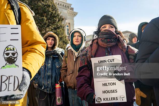 Students protest against ICE during a walkout at the University of Minnesota on January 26, 2026 in Minneapolis, Minnesota. Protests and...