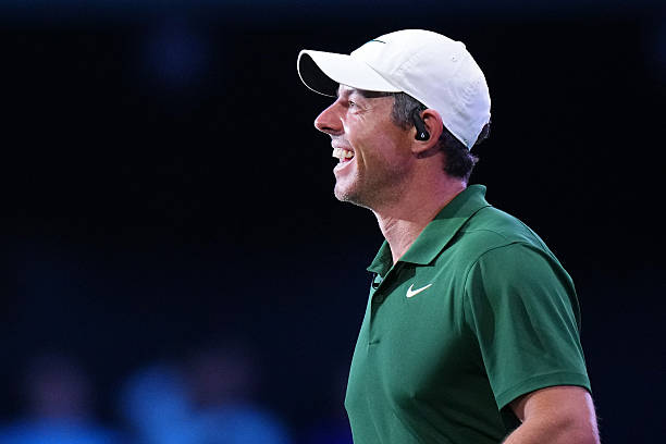 Rory McIlroy of Boston Common Golf looks on during the match against The Bay Golf Club at SoFi Center on January 26, 2026 in Palm Beach Gardens,...