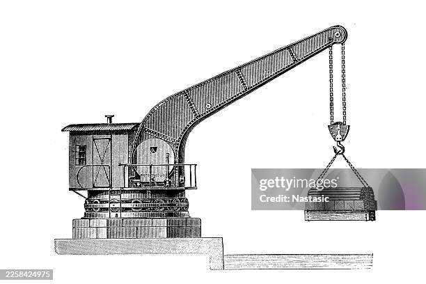 hydraulic shore crane with pulley system - site hoarding stock illustrations
