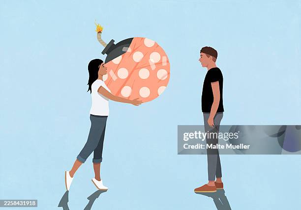 woman giving wrapped bomb to man on blue background - relationship difficulties stock illustrations