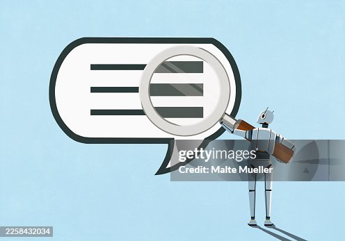 Humanoid robot holding magnifying glass over speech bubble text on blue background Humanoid robot holding magnifying glass over speech bubble text on blue background