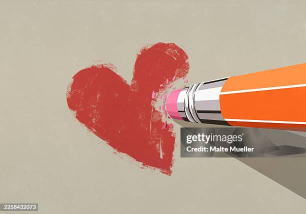 view from above of large pencil eraser erasing red heart - divorce stock illustrations